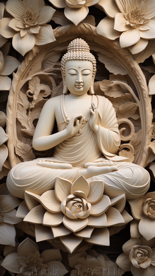 A,stone-carved,Buddha,statue.,Below,is,a,lotus,flower,pattern,,with,several,lotus,leaves,as,the,background,behind,him