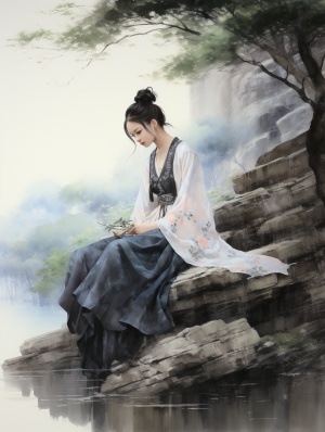 水墨画女孩独奏，中国汉服，黑发坐石头，完美脸庞