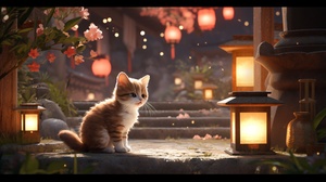 夜晚，古代庭院，灯火，3D，一只小猫在玩耍,,in,the,style,of,unreal,engine,5,,characterful,animal,portraits,,eve,ventrue,,furry,art,,captures,the,essence,of,nature,,distinctive,noses,，Chinese，庭院里有一只小猫，中国风，3D小猫，古风画卷，立体，游戏，，Griffin，，an,anime,version,of,a,lovely,猫咪,,in,the,style,of,unreal,engine,5,,characterful,animal,portraits,,eve,ventrue,,furry,art,,captures,the,essence,of,nature,,distinctive,noses,，with,some,feathers,on,shoulders,in,chinese