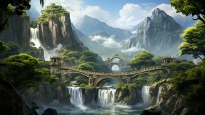 高山瀑布，阳光明媚，大桥横跨