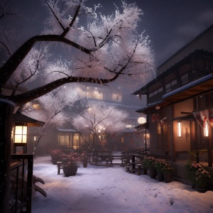 Night,,from,afar,,the,quaint,village,the,trees,hung,with,snow,,plum,blossoms,,just,after,the,snow,,the,yard,the,trees,on,the,house,and,the,trees,on,the,street,are,snowy,,foggy,,the,courtyard,of,the,table,scattered,with,persimmon,,vision,,panorama,,from,high,to,low-,-v,5.1