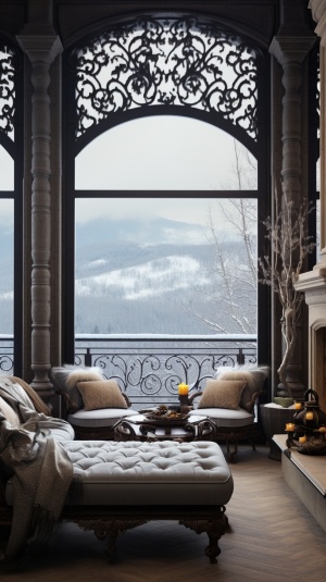 宽大阳台高贵装修，时尚大气家居，远山近树积雪覆盖