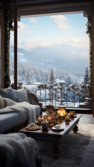 宽大阳台高贵装修，时尚大气家居，远山近树积雪覆盖