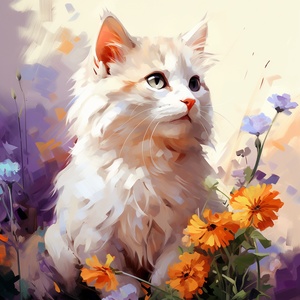 Cute Fat Cartoon Cat Profile in a Flower Garden