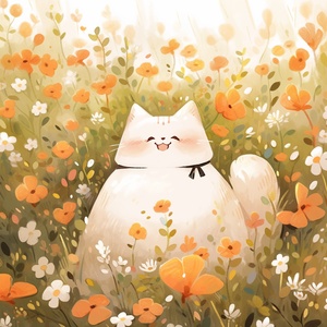 Cute Fat Cartoon Cat Sitting Among the Flowers