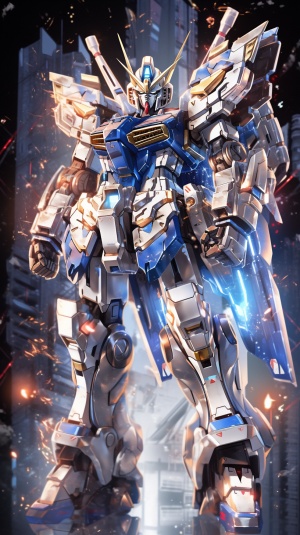 Illuminated,Gundam,,full,body,photo,,walking,oracle,,flying,posture,with,legs,,added,guns,,added,more,details,,added,mecha,,flashing,white,and,blue,gold,,silver,and,silver,tones,of,ultra-detailed,Wing,Gundam,,powerful,City,Gundam,front,view,,realistic,,Strong,sense,of,reality,,Byzantine,style,Gundam,,Hyperdimension,Fortress,Macross,,effect,background,Hyper-realistic,,dynamic,photography,,Fuji,,long,exposure,,leg,and,hand,pose,,gundam,mecha,,gundam,style,,spread,wings,,with,knight,studio,style,,lens,perspect
