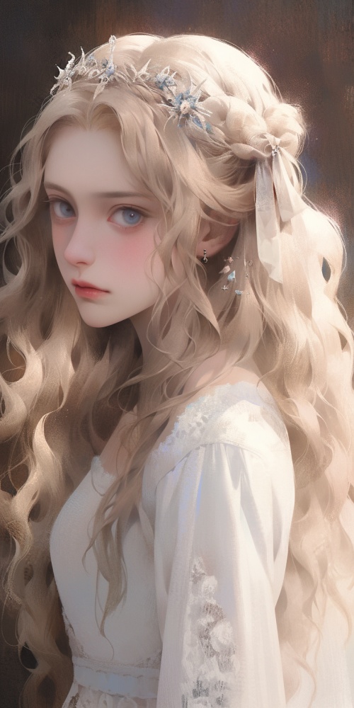 欧洲，少女，蓝色眼睛，白色的连衣裙，金色长发，卷发，公主，8k，厚涂，CG，精致的眼睛，完美的五官，中世纪，油画风