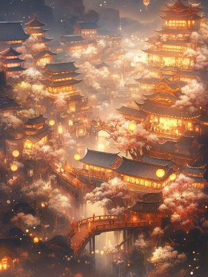 Ancient,Chinese,city,,bright,atmosphere,,bird,'s-eye,view,,detailed,details,,spectrum,,fantasy,,gorgeous,light,effect,,mirror,reflection,,fallingflowers,,lighting,,delicate,texture,,wide,Angle,lenssharp,,32k,ar,4:6niji,5,s,180