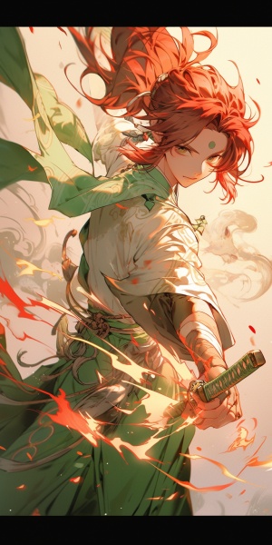 绿白色衣服，男性，红头发，汉服，武士刀，雷电能量，全身，阳光氛围，战斗，儒雅
