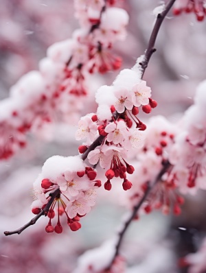 梅花的树枝，红色花瓣，雪地背景，超逼真，分辨率非常高，景深