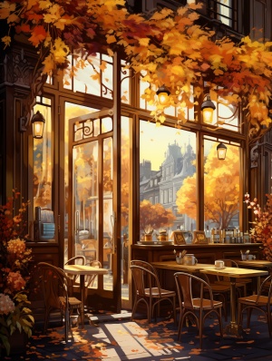 有街景，自然木样式，晚秋，花，超质量，高细节，例证样式，金黄小时光的温暖的咖啡店