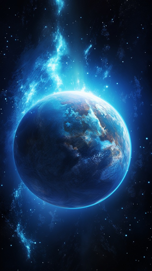 蓝色的星球围绕着棕色的星球旋转，形成了一道独特的壮观景象
