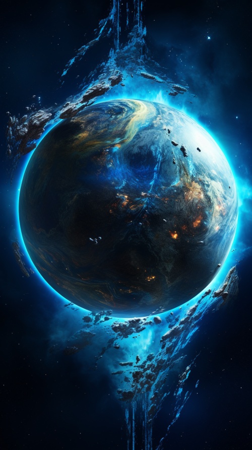 蓝色的星球围绕着棕色的星球旋转，形成了一道独特的壮观景象