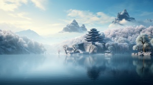 宫殿壮丽湖光山色，黎明曙光熠熠湛蓝天空