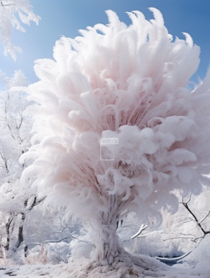 美丽的雾凇树仙子雪景,令人惊叹的自然,雾,一个颗高大的多层次孔雀尾巴羽毛扇型雾凇树花,高厚密集羽毛树上红宝石点缀,超级华丽鲜艳,对称中心晶莹剔透,闪闪发光,细节,真实,晶莹剔透大地是白色的,童话世界,超高清图像质量,透视,高清虚幻引擎华丽场景3d渲染8k