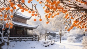 In,the,deep,winter,,after,the,snowfall,,a,traditional,Chinese,village,is,covered,with,a,thick,layer,of,snow.,In,the,village,stands,a,tall,persimmon,tree,adorned,with,orange,persimmons.,The,tree,branches,are,delicately,coated,with,a,thin,layer,of,snow.,This,photograph,captures,the,true,essence,of,the,scene,,showcasing,high,quality,,high,definition,,and,a,beautiful,aesthetic,in,8K,resolution.