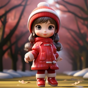 一个脸部立体、3D的女孩站在公园，皮肤真实感可爱，可爱的卡通画，穿着红色的中国服装，简单带着毛线帽，娃娃脸上有着灵动俏皮的表情，闪亮的大眼睛，美丽的人物画，干净的纯色背景，背景虚化，Q版、可爱的风格。