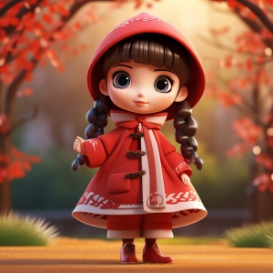 立体可爱的卡通女孩在公园穿红色中国服装