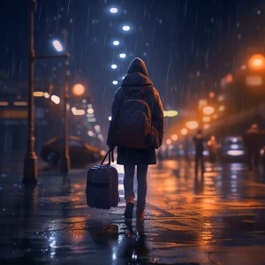 漆黑的雨夜女孩独自一人拖着行李箱即将去往未知远方，走在人来人往的街道上看着周围的万家灯火心中很是迷茫