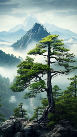 自然山峰与树木的丰盈构图