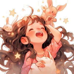 Beautiful Girl with Cute Rabbit Laughing under Stars