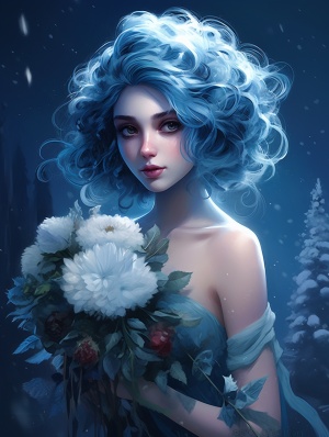蓝色头发少女拿着，一束鲜花，鲜花要非常华丽，背景是雪花飞舞，复杂的细节，极致细节，高品质，大师作品，完成度高，色彩缤纷，精美的CG，绝美，极品，明暗对比，清晰五官