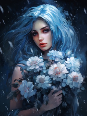 极品蓝发少女拿着华丽鲜花，在雪花中极致细节的绝美CG大师作品