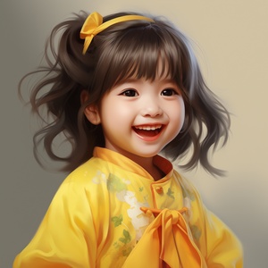 Little Girl in Yellow Chinese Dress Laughing with Anime Art