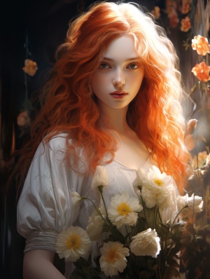 红白发少女华丽拿花，火焰背景圣光明暗细节