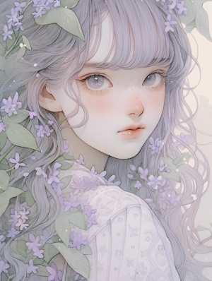 Front View of Bluebell-Faced Happy Babysbreath Girl Illustration with Purple Hair