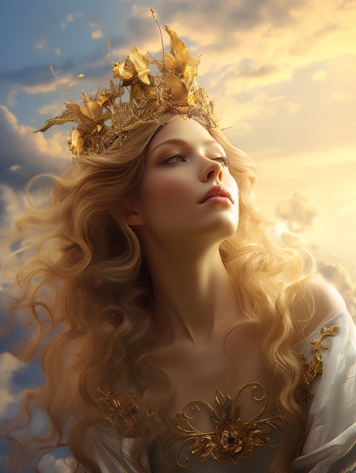 金色美女唯美画面，有浮云头戴金冠