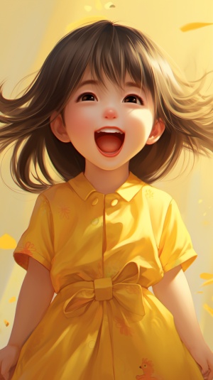Little Girl in Yellow Chinese Dress Laughing with Anime Art