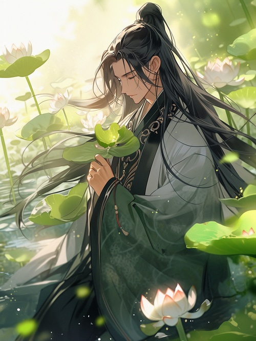 full,body,,a,handsome,man，fluttering,black,hair,,in,a,green,traditional,chinese,dress,holding,with,lotus,leaves,dancingdreamy,landscapes,,light,green,and,pink,,soft,lightclose-up,,Advanced,photography,with,clean,,fresh,and,ultra-high,detail,imagery,shot,with,a,high-definition,lens,to,create,a,realistic,and,lifelike,aestheticuhd,image,ar,2:3s,180,niji,5,v,5.1