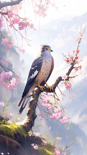 杜鹃鸟，树枝，鲜花，河流，山峰，美景，一只杜鹃鸟站在枝头，中国插画风，超高清