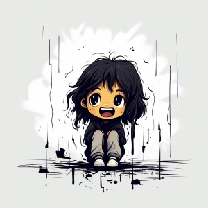 Very,simple,minimalist,,cartoon,graffiti,line,art,,cute,black,line,little,girl,,various,poses,and,expressions.Crying,,running,away,,shy,,Smile,,eating,,kneeling,,surprised,,laughing,,etc.,niji