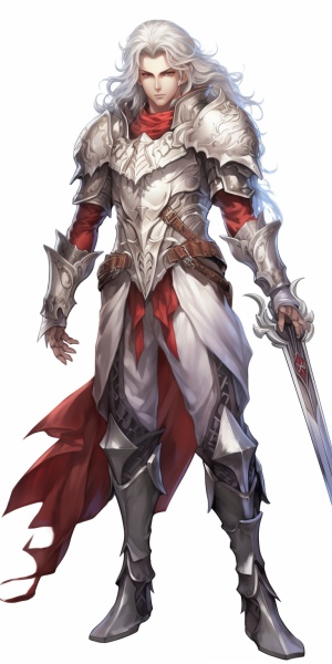 角色设计，全身，游戏角色，身高1.8米的男性，发丝上系着一根红色的丝带，职业是一位剑仙，看上去是仙气飘飘，一双晶莹剔透的金色眼瞳，有着一袭飘逸的长发，手腕上系着白色的绷带，身着银白色盔甲，手持一柄凌厉的银白色长剑，身后飘扬着九柄长剑的虚影，跟随在他背后，散发出隐约的寒光