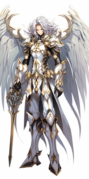 角色设计，全身，游戏角色，身高1.8米的男性，职业是一位剑仙，看上去是仙气飘飘，一双晶莹剔透的金色眼瞳，有着一袭飘逸的长发，手腕上系着白色的绷带，身着银白色盔甲，手持一柄凌厉的银白色长剑，身后飘扬着九柄长剑的虚影，跟随在他背后，散发出隐约的寒光