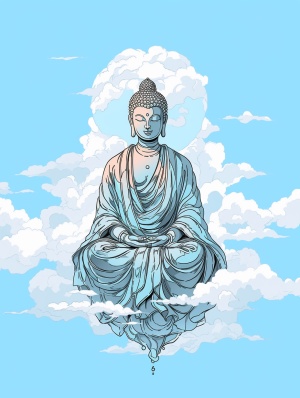 the,buddha,with,half,open,eyes,lookingdownward,,clean,line,art,,fine,line,art,,blue,sky,with,white,clouds,background