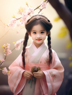 A,very,cute,little,girl,,wearing,a,hanfu,dress,,big,eyes,,holding,a,flower,,happy,smile,,standing,in,the,clouds,of,the,palace,,peach,blossoms,,charming,,fluffy,,shiny,thick,hair,,petals,8,K