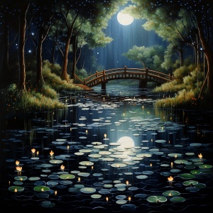 明朗夜晚，小桥流水，荷塘月色