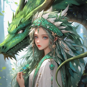 An Anime Girl with Dragon Hair in Green Clothing