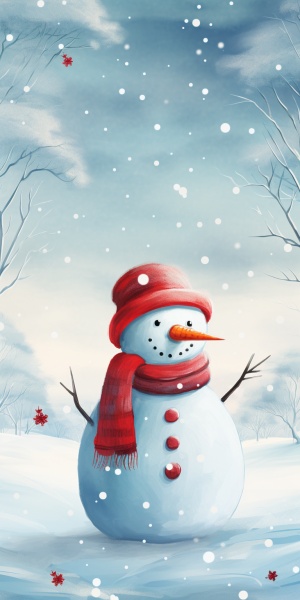 一片雪地里，一个雪人，戴着红帽子，围着红围巾，背景干净