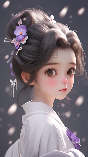 灵动俏皮的娃娃脸女孩，穿着紫白渐变色的中国衣服