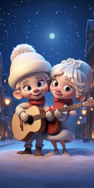 可愛的小豬情侶唱聖誕歌在飄雪中的神聖大教堂