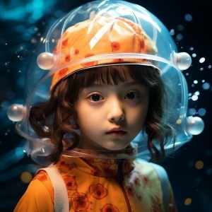 中国12岁少女，水下，游泳衣，游泳帽，泡泡，魔法特效