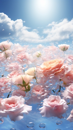 晶莹剔透，美丽淡雅，玫瑰花，漂浮在梦幻的天空中，宽广的白云大地向远处延伸，精致细节致，超高清，超分辨率，大师杰作