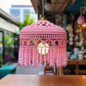 Exquisite Craftsmanship: Pink Lamp Hanging Outside of a Store