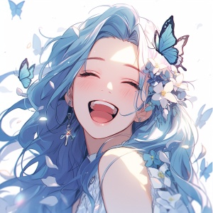蓝色头发美女，欢笑中的花与蝴蝶