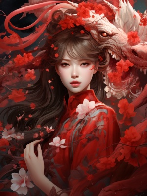 an,anime,girl,and,dragon,hair,in,red,colored,clothing,with,a,flower,headdress,,in,the,style,of,zhang,jingna,,dark,white,and,light,bronze,,32k,uhd,,serene,faces,,trick,of,the,eye,paintings,,emphasis,on,facial,expression,,indian,scenes