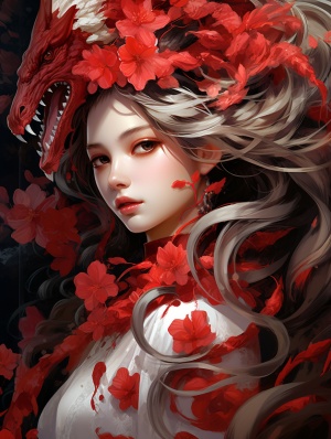 an,anime,girl,and,dragon,hair,in,red,colored,clothing,with,a,flower,headdress,,in,the,style,of,zhang,jingna,,dark,white,and,light,bronze,,32k,uhd,,serene,faces,,trick,of,the,eye,paintings,,emphasis,on,facial,expression,,indian,scenes